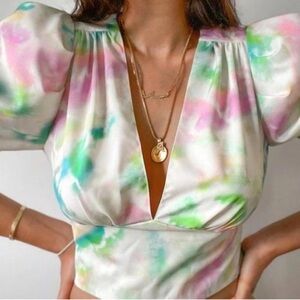 Amanda Uprichard Pink and Green Crop Blouse with Puffed Sleeves